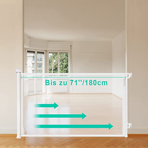 XUKOOM Extensibles Barrera Seguridad Niños - Puerta Seguridad Bebé 0-180cm Barrera Seguridad Nños y Perros,Retráctil Vallas para Escaleras y Pasillos,Interiores y Exteriores (Blanco)