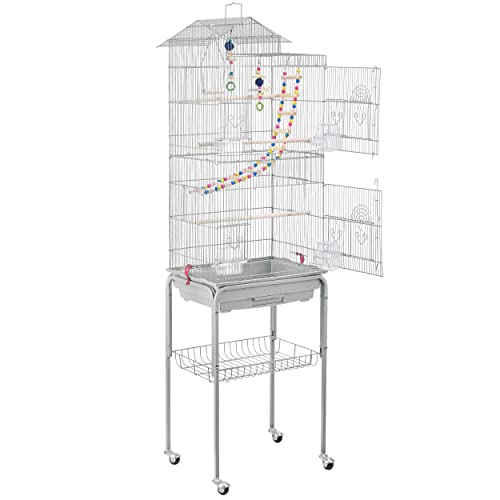 Yaheetech Jaula para Pájaros Jaula con Soporte Ruedas para Canarios Jaula Mascota 46 x 35 x 158,5 cm Gris Claro