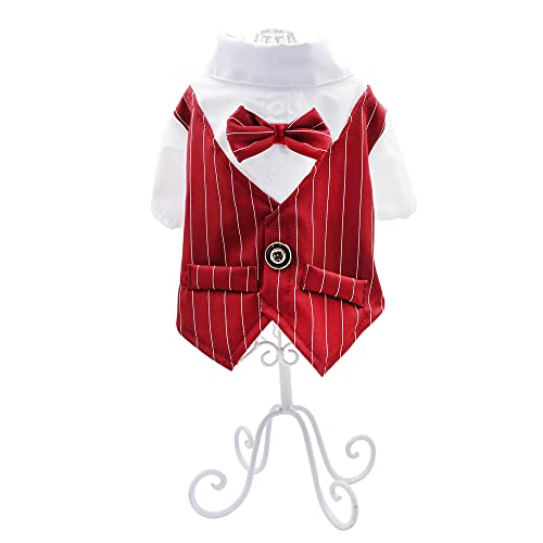 YAODHAOD Esmoquin de Perro a Rayas con Corbata, Traje de Perro para Fiesta de cumpleaños de Boda, Traje de Pajarita, Ropa para Mascotas para Perros pequeños (Rojo, X-Large)