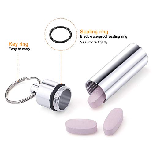 Yemiany píldora llavero pequeño 6piezas Mini aluminio Pill Box Llavero Impermeable Bolsillo Pill Holder Emergencia Cash Pastillero Stash Pill Llavero para el hogar,viajes al aire libre,camping(Plata)