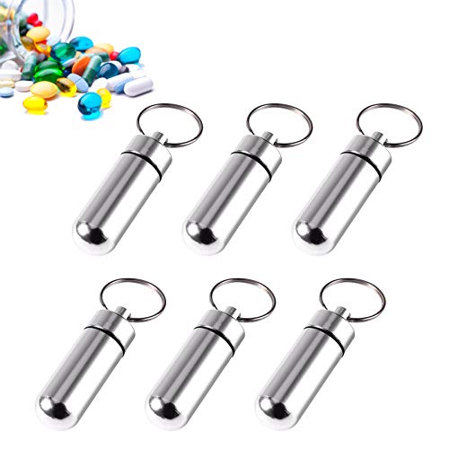 Yemiany píldora llavero pequeño 6piezas Mini aluminio Pill Box Llavero Impermeable Bolsillo Pill Holder Emergencia Cash Pastillero Stash Pill Llavero para el hogar,viajes al aire libre,camping(Plata)