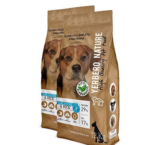 YERBERO Nature Salmon & Rice 2 uds de 12 kg de alimento sin Gluten Hipoalergenico para Perros con 17% de Ahorro.