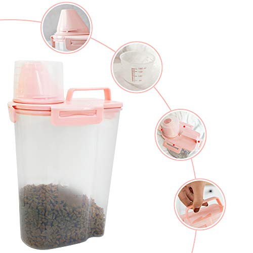 Yhtxa Contenedor hermético de almacenamiento de alimentos para animales con vaso medidor graduado, 4 hebillas de cierre para perros de 2,5 l, color rosa