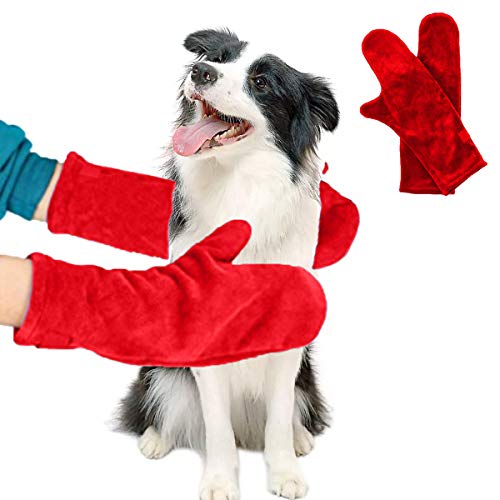 yine Guantes de baño para perros y gatos, de microfibra, para la limpieza de perros, 2 guantes para secar, para mascotas, casa de compañía, cachorro al aire libre, verde y rojo