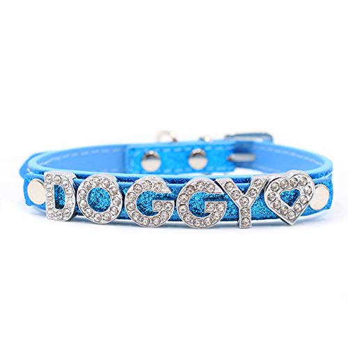 Yisatann Collar Perro Ajustable Collares para Perros con Hebilla, Collar para Cachorros y Gatos, Letras y dijes de Diamantes de imitación de 10 MM Gratis, Nombre DIY, Azul S