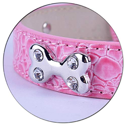 Yisatann Collar Perro Ajustable Collares para Perros pequeños para Mascotas, Cuero de cocodrilo de la PU, Diamantes de imitación, Collar con Tachuelas, Ajustable, Rosa M