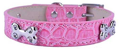 Yisatann Collar Perro Ajustable Collares para Perros pequeños para Mascotas, Cuero de cocodrilo de la PU, Diamantes de imitación, Collar con Tachuelas, Ajustable, Rosa M