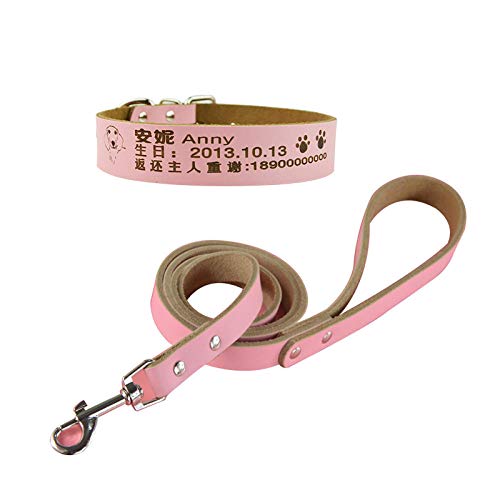 Yisatann Set de Correa Perro Cuero Suave Rosa Collares para Mascotas Grabado Gratis Mediano Grande Collar para Mascotas con Correas combinadas Plomo-L