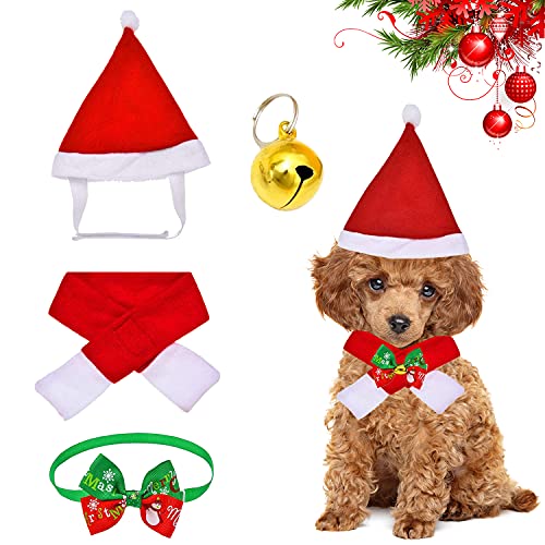 YISKY Disfraces de Navidad para Mascotas, 4 Piezas de Sombrero Bufanda Collar Campana Pajarita de Mascotas de Navidad para Perros Gatos Mascotas Pequeños, Disfraces de Cosplay, Navidad