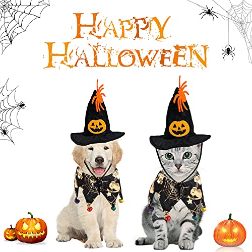 YISKY Halloween Gato y Decoración Perro, 2 Piezas Disfraces Halloween para Mascotas, Disfraz Cosplay para Mascotas, Sombrero Bruja para Mascota, Bufanda, Disfraz Patrón Telaraña, Halloween Decoración