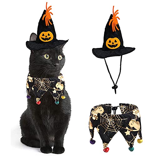 YISKY Halloween Gato y Decoración Perro, 2 Piezas Disfraces Halloween para Mascotas, Disfraz Cosplay para Mascotas, Sombrero Bruja para Mascota, Bufanda, Disfraz Patrón Telaraña, Halloween Decoración