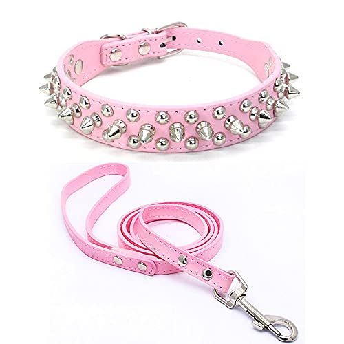 Yiwong Collar de Remache Ajustable + Cuerda de Tracción, Collar de Perro con Remache de Clavo de Bala, Collar para Perro de Piel con Tachuelas