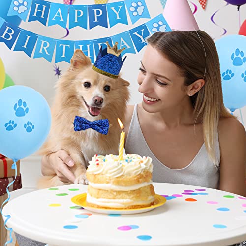 Yizhet Decoracion Cumpleaños para Perros Set Pañuelos Cumpleaños Sombrero Corona Pajarita Cumpleaños Gato Pancarta Feliz Cumpleaños Globos para Perro, Gato, Mascotas (Azul)