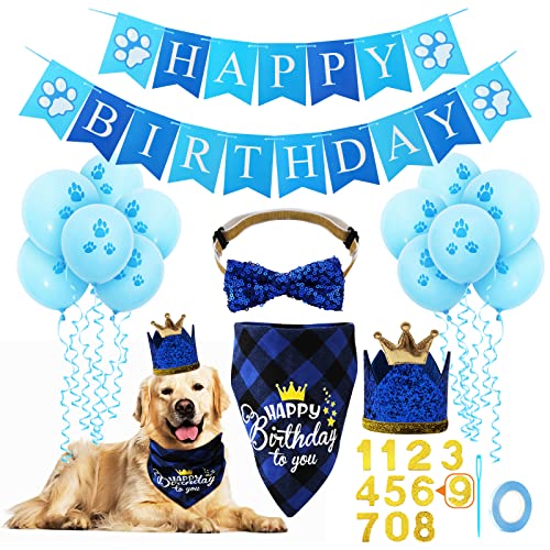 Yizhet Decoracion Cumpleaños para Perros Set Pañuelos Cumpleaños Sombrero Corona Pajarita Cumpleaños Gato Pancarta Feliz Cumpleaños Globos para Perro, Gato, Mascotas (Azul)