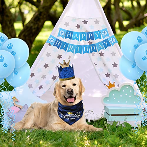 Yizhet Decoracion Cumpleaños para Perros Set Pañuelos Cumpleaños Sombrero Corona Pajarita Cumpleaños Gato Pancarta Feliz Cumpleaños Globos para Perro, Gato, Mascotas (Azul)