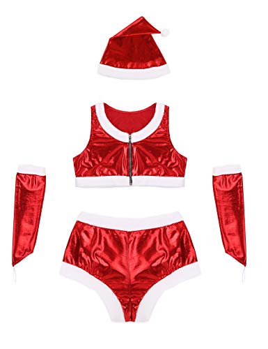 YOOJIA Mujer Traje de Santa Navidad 4Pcs Crop Top sin Mangas/Bragas Metálicas/Sombrero/Guantes sin Dedos Ropa Atractiva Rojo Large