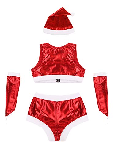 YOOJIA Mujer Traje de Santa Navidad 4Pcs Crop Top sin Mangas/Bragas Metálicas/Sombrero/Guantes sin Dedos Ropa Atractiva Rojo Large