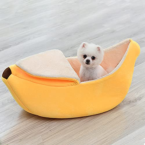 YQYAZL Cama para mascotas con diseño de plátano para mascotas, barco, gato, cama cálida y suave para perros, dormir jugando a descansar, suministros para mascotas para, gatitos, amarillo/M