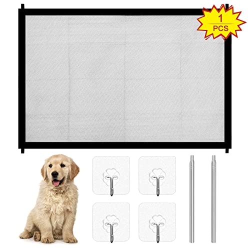 Yuehuabao 1Pcs Red de Seguridad para Mascotas Barrera Seguridad Perros con 2 Tubo de Acero Inoxidable y 4 Ganchos Autoadhesivos Puerta Mágica para Mascotas o Bebés (Negro,110x72cm)