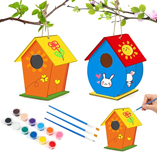 yumcute casa de pájaros Madera,2 pcs Kit de casa para pájaros,Kit de Manualidades pajareras,Kits de casa de Madera de pájaros,para Montar y Pintar,niños y niñas(Aviario Mediano y Grande)