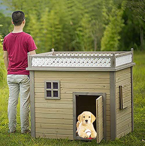 ZEIYUQI Caseta Perros Exterior Grande Madera Maciza Antiséptica Casa De Mascotas con Puerta Y Ventana A Prueba De Viento Y Lluvia,Beige,XL