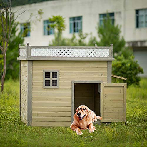 ZEIYUQI Caseta Perros Exterior Grande Madera Maciza Antiséptica Casa De Mascotas con Puerta Y Ventana A Prueba De Viento Y Lluvia,Beige,XL