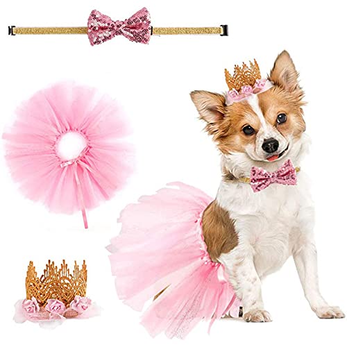 Zhenp 3 Piezas Vestido de Novia para Perro, Falda de Tutú de Perro, Traje de Cumpleaños de Perro, Disfraz de Boda de Cachorro, Ajustable, Bandana de Cumpleaños de Perro, con Corona, Falda, Cuello