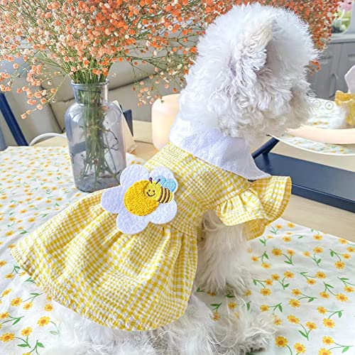 ZNZT Ropa para Perros Vestido Lujo para Perro con Abeja Amarilla Traje Camisa Boda para Mascotas con Falda A Cuadros Ropa Verano Y Primavera para Gatos para Cachorros Pequeños Suministros Pugs