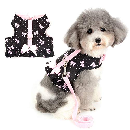 Zunea Arnés y Correa para Perro Pequeño Niña Antitirones Cachorro Chihuahua Vestido Antifugas Arnes Pecho Suave Cómodo Chaleco Floral Acolchado con Bowknot para Hembra Gato Caminar Negro S