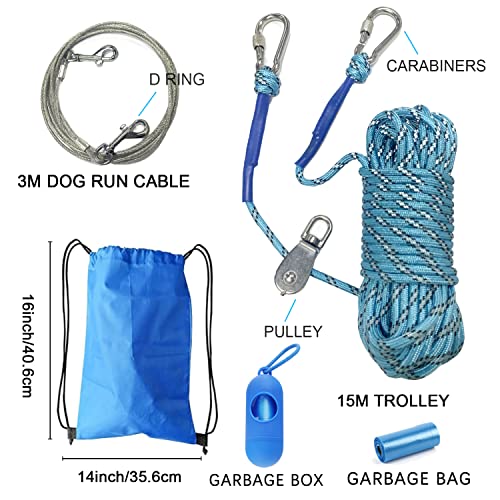 15m Cable de Amarre para Perros con 3m Cable Ajustable para Corredores de Perros, Cable de Atadura para Perros de hasta 113kg, Cable para Atar Perros para Exterior para Jardín, Camping