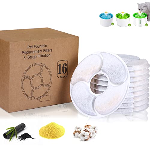 16 Piezas Filtros Fuente Gatos Filtro De Repuesto para Bebederos con Resina de Intercambio Iónico, Carbón Activado para Gatos Y Perros 1.6-2.5L Filtros Fuente para Fuentes de Flores Redondo