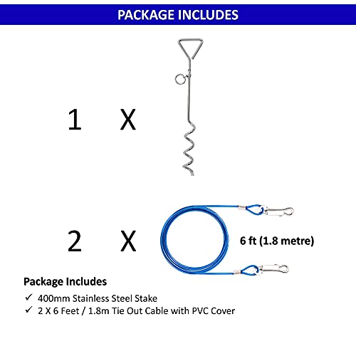 2 cadenas de perro de 1,8 m para fuera de cable de acero en espiral resistente para el suelo, 40 cm, accesorios para acampar para perros (cable y estaca, 2 x 1,8 m (azul)