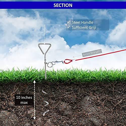 2 cadenas de perro de 1,8 m para fuera de cable de acero en espiral resistente para el suelo, 40 cm, accesorios para acampar para perros (cable y estaca, 2 x 1,8 m (azul)