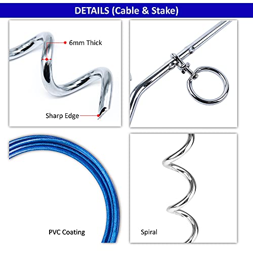 2 cadenas de perro de 1,8 m para fuera de cable de acero en espiral resistente para el suelo, 40 cm, accesorios para acampar para perros (cable y estaca, 2 x 1,8 m (azul)