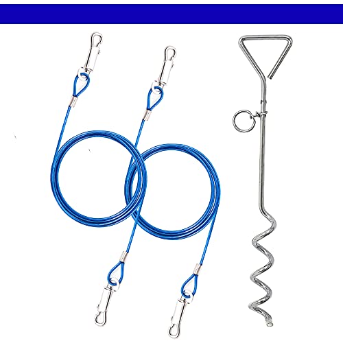 2 cadenas de perro de 1,8 m para fuera de cable de acero en espiral resistente para el suelo, 40 cm, accesorios para acampar para perros (cable y estaca, 2 x 1,8 m (azul)