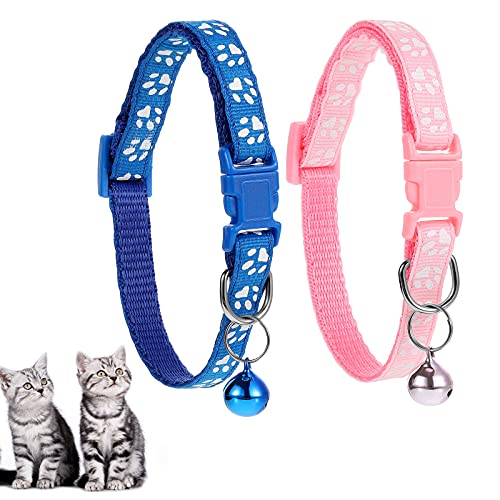 2 Collares de Cachorro con Cascabeles Collar de Identificación para Perro de Poliéster Ajustable Collar de Gatitos con Patrón de Pata Collar de Seguridad para Mascotas, 2 Colores