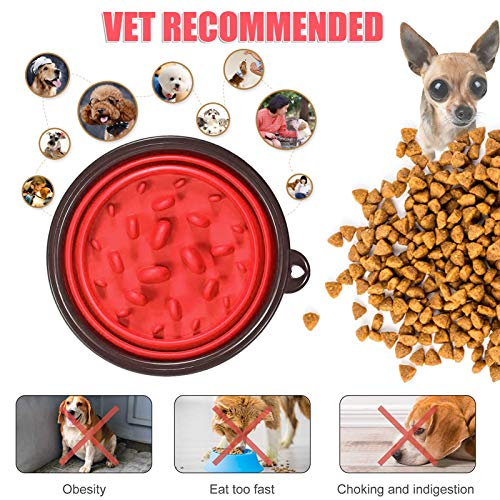 2 in 1 Plegable Comedero Perro Gato，Comedero Lento，Perro de Mascota Slow Food Bowl，Alimentador Interactivo Portátil，Viajes ​Gatos Perros Pet Food Cuenco, Ayudar a La Digestión Utensilios (Rojo)