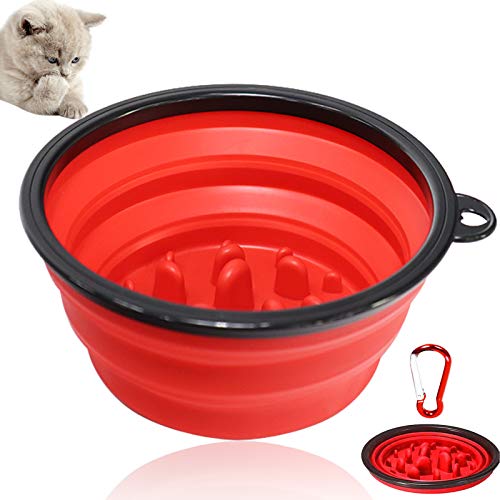 2 in 1 Plegable Comedero Perro Gato，Comedero Lento，Perro de Mascota Slow Food Bowl，Alimentador Interactivo Portátil，Viajes ​Gatos Perros Pet Food Cuenco, Ayudar a La Digestión Utensilios (Rojo)