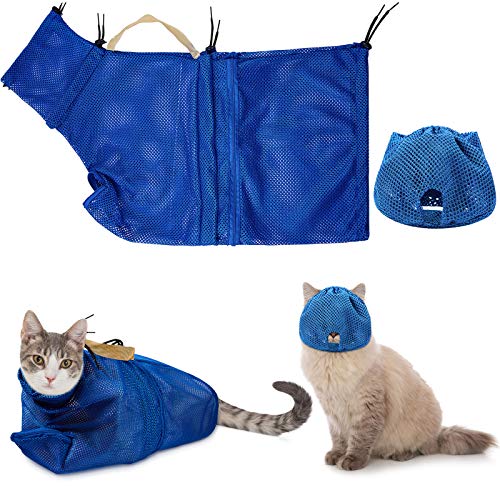 2 Piezas Bolsas de Malla de Aseo de Gatos Bozales de Gato Bozales de Malla Transpirable Bolsa de Sujeción de Gatos Resistente a Rayones Ajustable Bolsa de Baño de Gatito Bolsa Fija