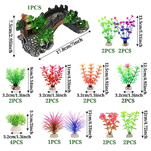 23plantas de plástico de Acuario con Puente de Arco de Resina,Planta de Acuario Artificial y Puente de árbol de pabellón Decorativo de Acuario,para decoración de peceras(Colores Mezclados)