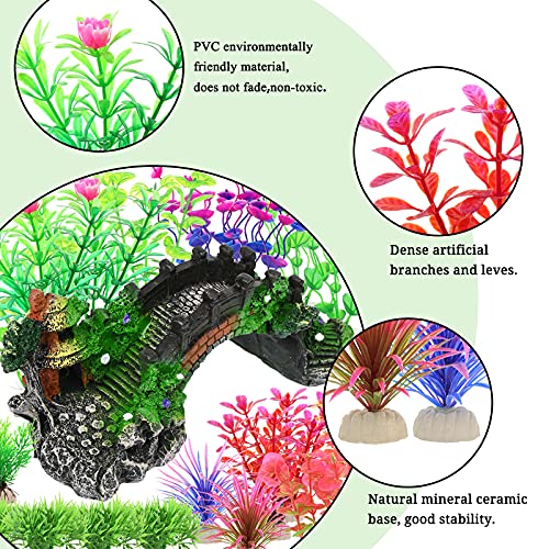 23plantas de plástico de Acuario con Puente de Arco de Resina,Planta de Acuario Artificial y Puente de árbol de pabellón Decorativo de Acuario,para decoración de peceras(Colores Mezclados)