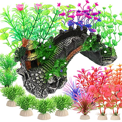 23plantas de plástico de Acuario con Puente de Arco de Resina,Planta de Acuario Artificial y Puente de árbol de pabellón Decorativo de Acuario,para decoración de peceras(Colores Mezclados)