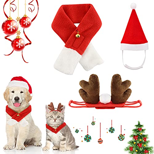 3 Piezas Disfraz de Navidad para Mascotas,Sombrero de Papá Noel para Gato y Cachorro,Bufanda de Navidad,Cinta para Cabeza de Astas de Reno,Navidad Suministros para Cosplay,Mascotas Fiesta (L)