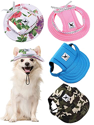 4 Gorras de Béisbol de Mascotas Gorra de Princesa Redonda con Ala Atuendo de Protección Solar de Deportes Exterior con Correa de Cuello Agujeros de Oídos Cómodo para Perros (Camuflaje, M)