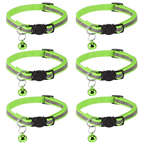 6 Piezas Collar de Gato Verde Fluorescente Collares Reflectantes para Gatos Collares de Gato Ajustables Collar de Gato con Campana y Hebilla para Mascotas para Gatos DoméSticos Perro PequeñO