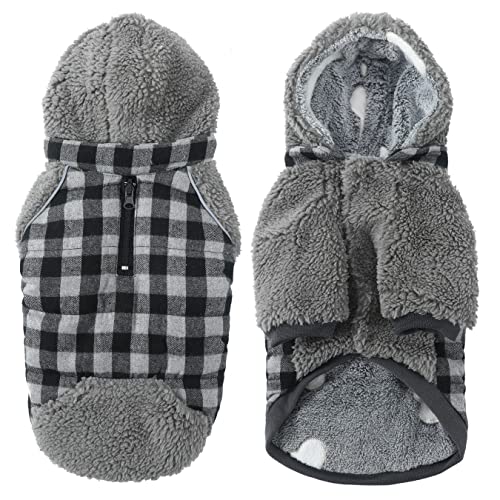 Abrigos de Invierno para Perros pequeños - Chaqueta de Perro cálida Ropa de Cachorro con Capucha Desmontable, Ropa de caniches Yorkie Chihuahua, Cuadros Negros y Grises XS