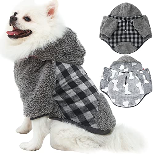 Abrigos de Invierno para Perros pequeños - Chaqueta de Perro cálida Ropa de Cachorro con Capucha Desmontable, Ropa de caniches Yorkie Chihuahua, Cuadros Negros y Grises XS