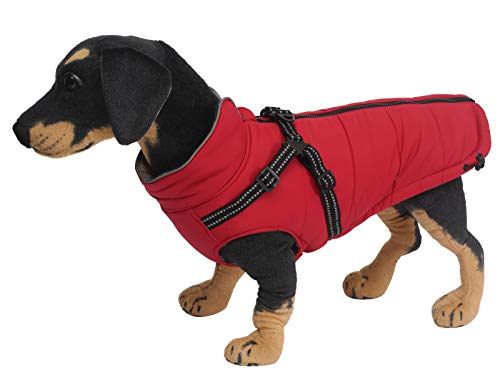 Abrigos y Chaquetas cálidos para Perros con arnés,Chaleco Reflectante Impermeable para Perros Mascotas, Ropa de Invierno para Perros con Correa en el Pecho,para Perros pequeños y medianos-Rojo-S