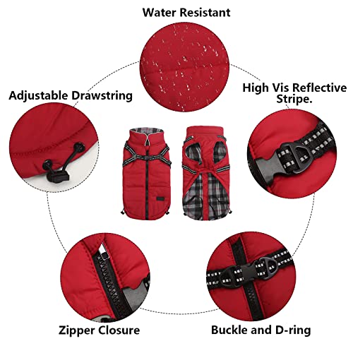 Abrigos y Chaquetas cálidos para Perros con arnés,Chaleco Reflectante Impermeable para Perros Mascotas, Ropa de Invierno para Perros con Correa en el Pecho,para Perros pequeños y medianos-Rojo-S