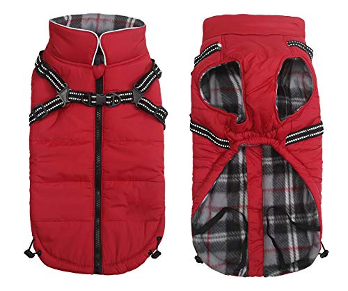 Abrigos y Chaquetas cálidos para Perros con arnés,Chaleco Reflectante Impermeable para Perros Mascotas, Ropa de Invierno para Perros con Correa en el Pecho,para Perros pequeños y medianos-Rojo-S